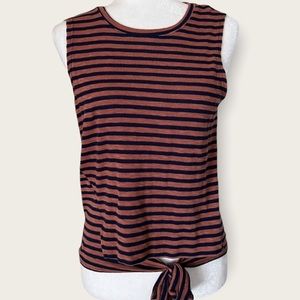 O'Neill Women's Brown Navy Striped Sleeveless Tie Front Crew Neck Top Size Small